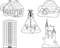 Coloring page with set of different buildings and traditional dwellings isolated on white background